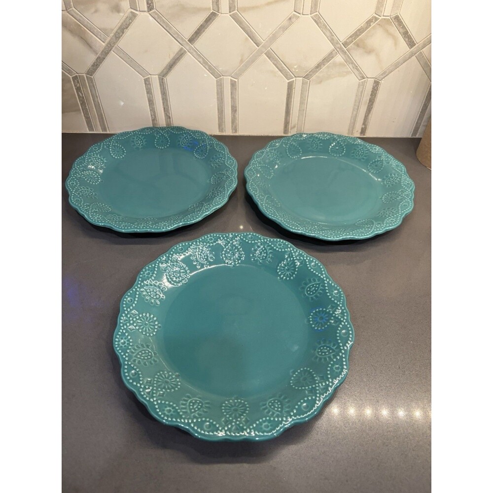Set Of 3 PIONEER WOMAN Cowgirl Lace Teal Salad Plates Embossed Scalloped 8.75"